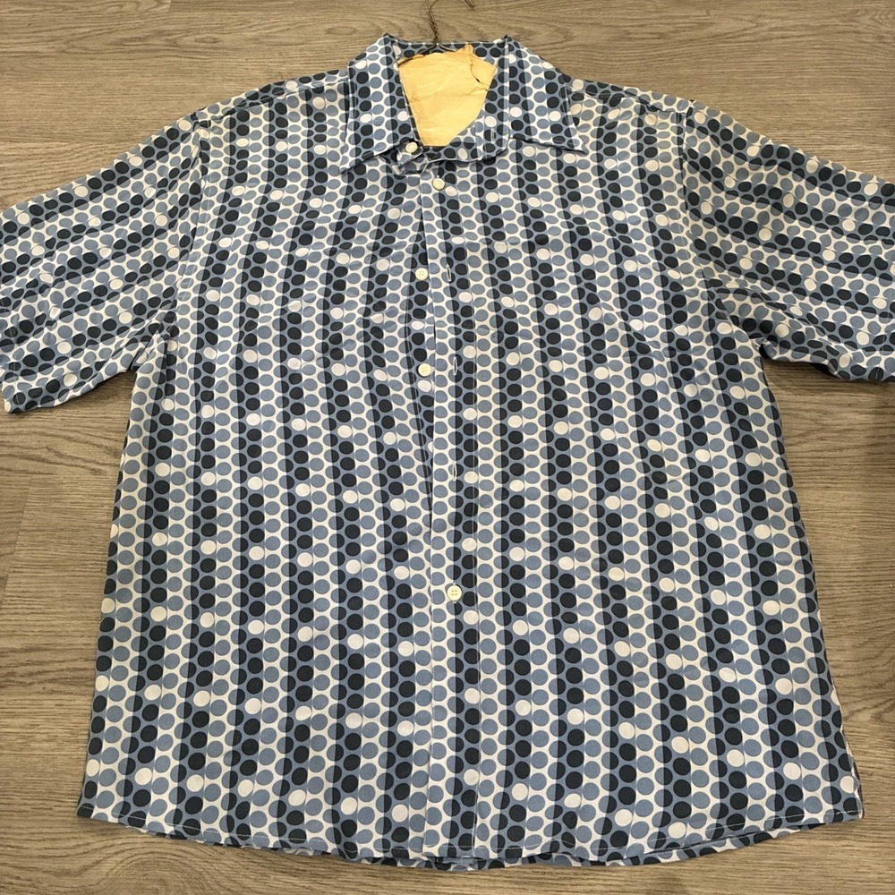 Vintage Syllables System Blue Short Sleeve Button Up Stripe Polka Dot Shirt Sz M